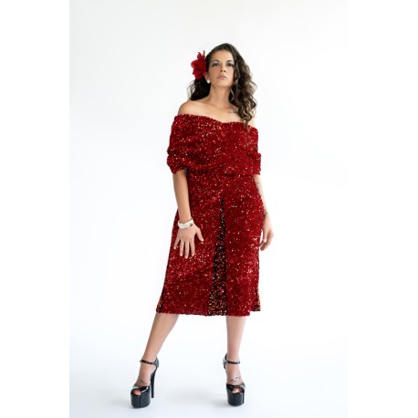 OFF SHOULDER SEQUIN VELVET DRESS