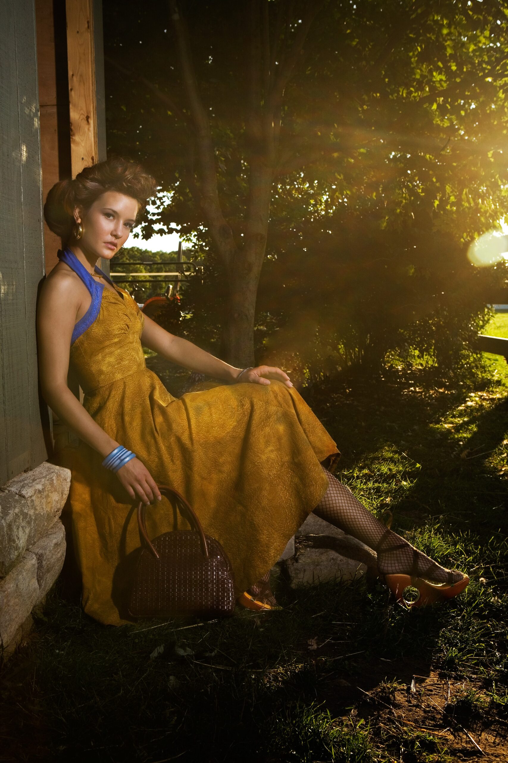 Golden A-line Halter Sundress featuring Royal Blue Halter Trim