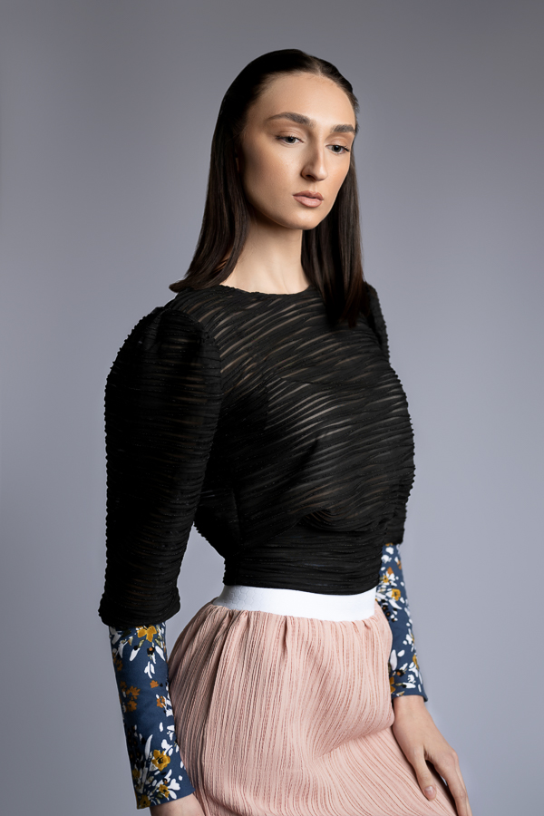Black and Blush Sheer Long Sleeve Top with Bottom Ensemble