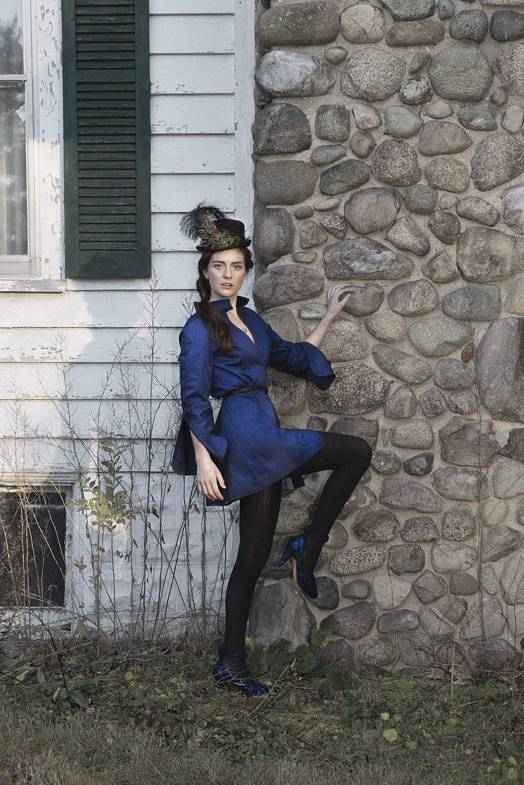 Blue Shirt Dress + Feathered Black Hat