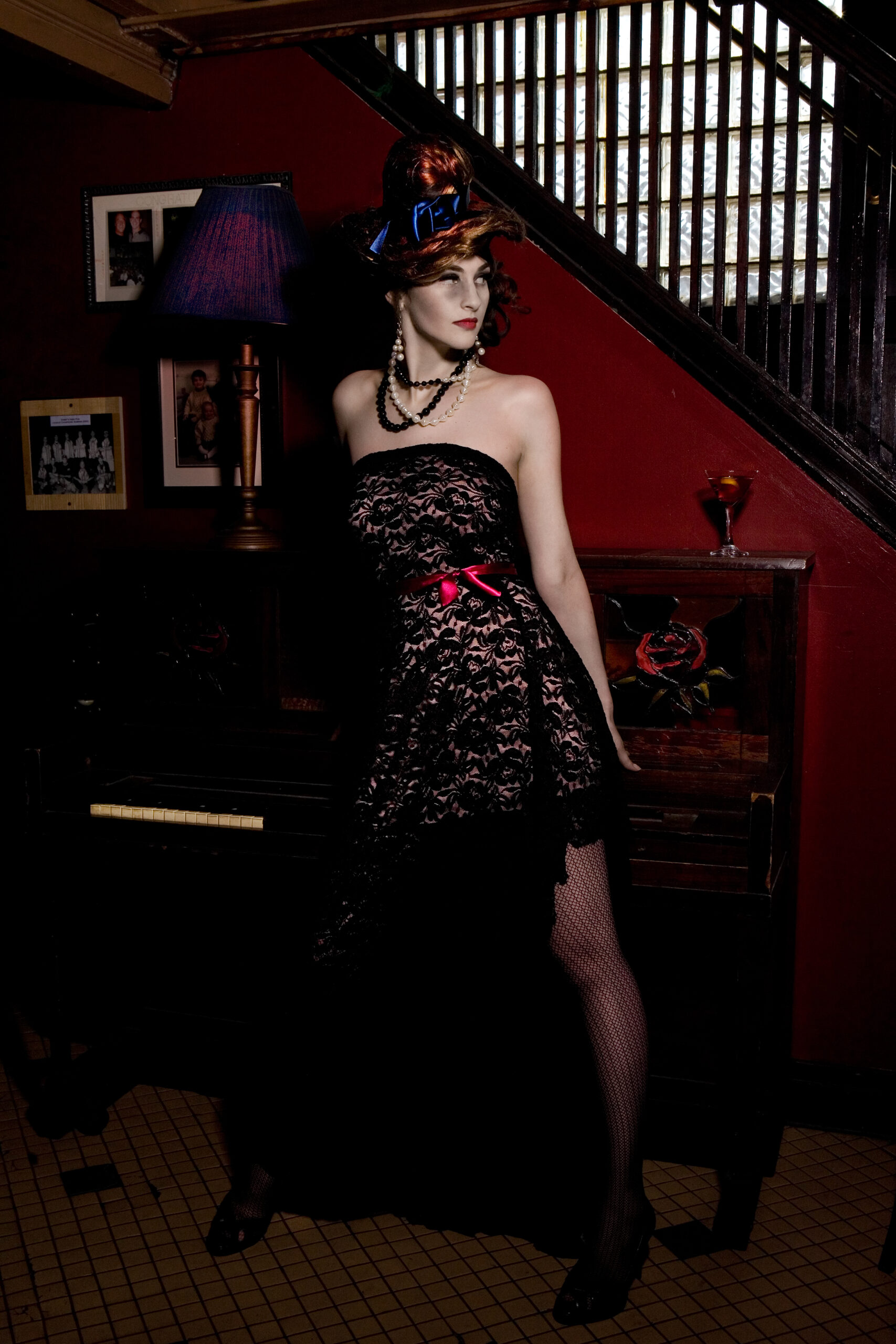 Little Black Strapless Lace Over Pale Pink Dress with Tiny Hot Pink Satin Sash + Sculpted Hat