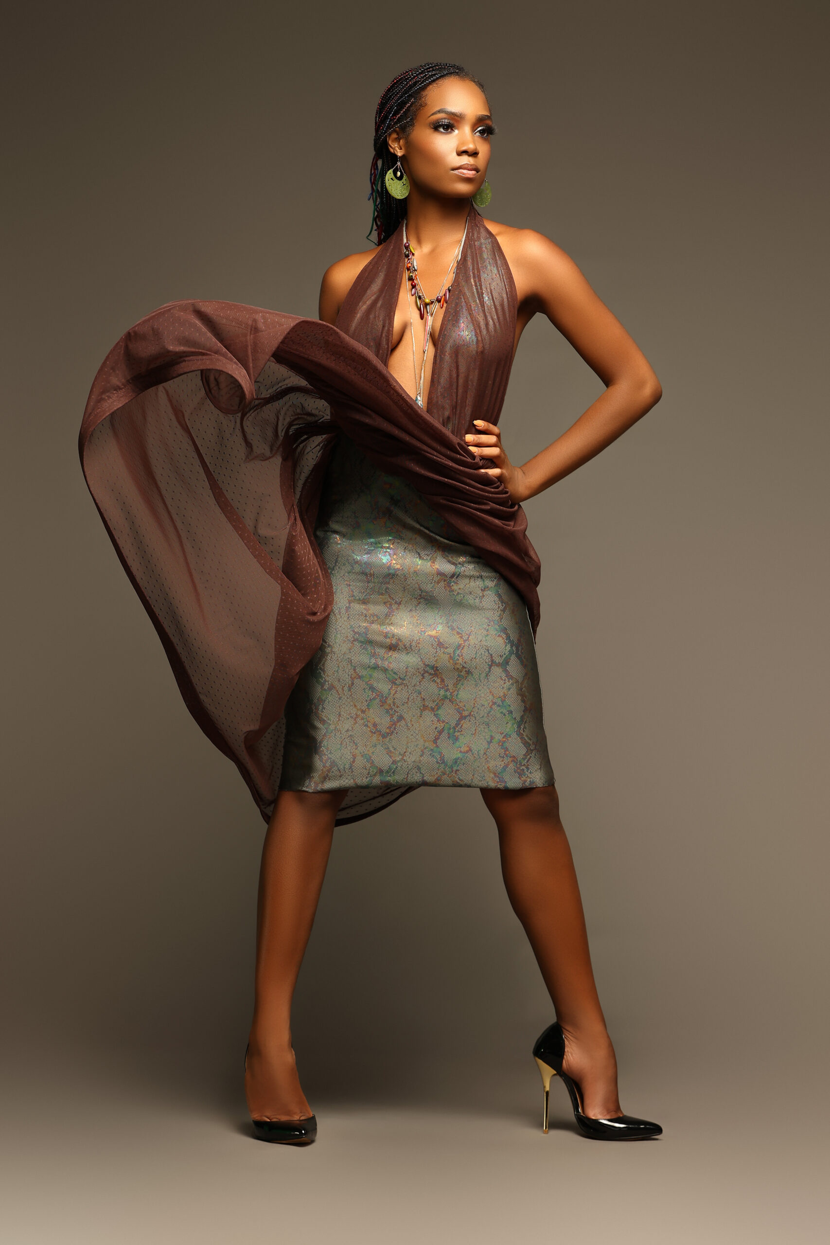 Chocolate Sheer Scarf Dress Over Snake Print Pencil Skirt