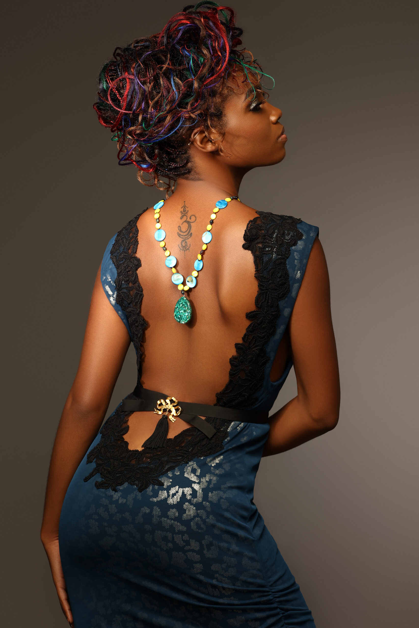 Backless Blue Jaquar Print Dress Trimmed in Black Lace