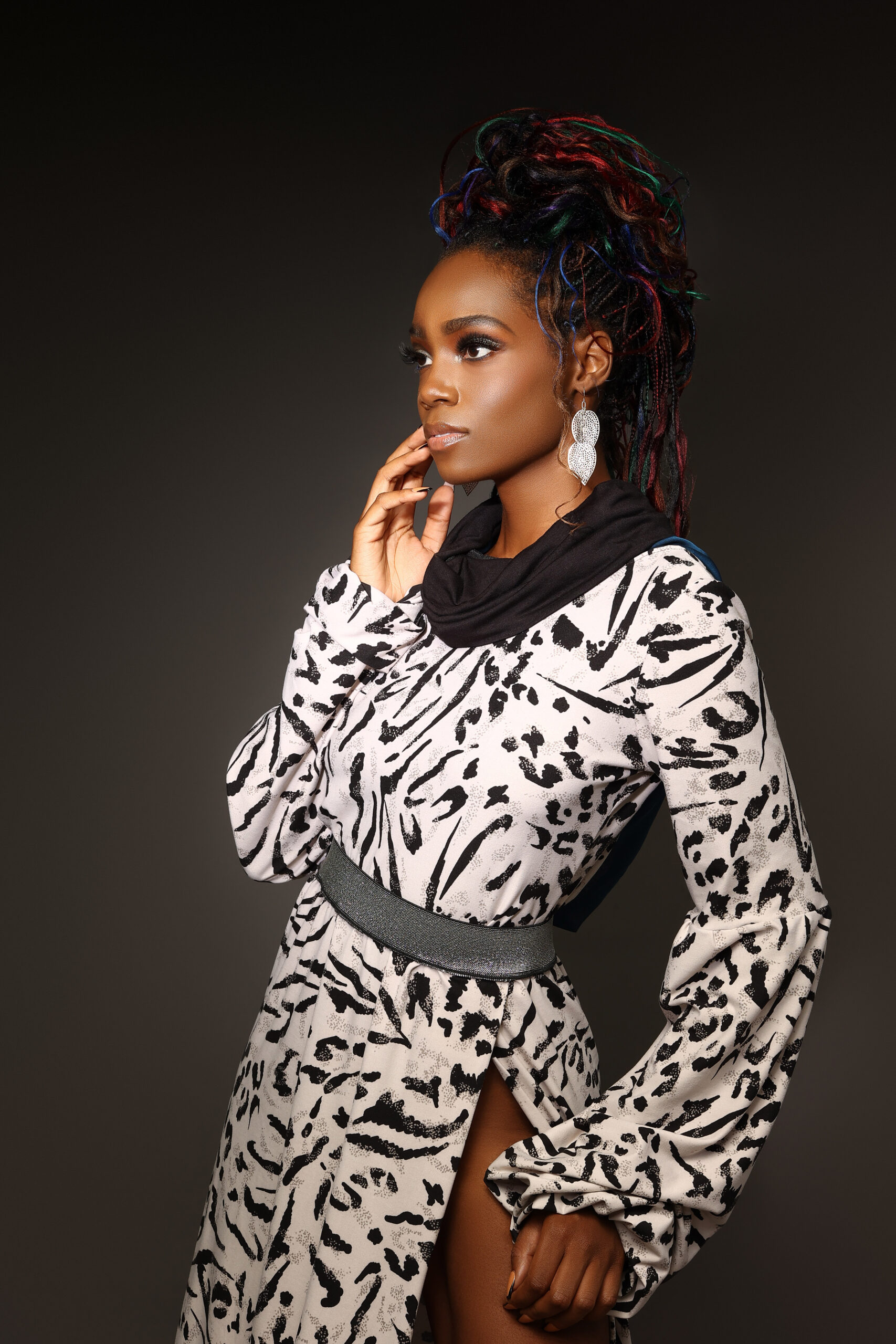 White and Black Print Long Sleeve Dress with Black Cowl