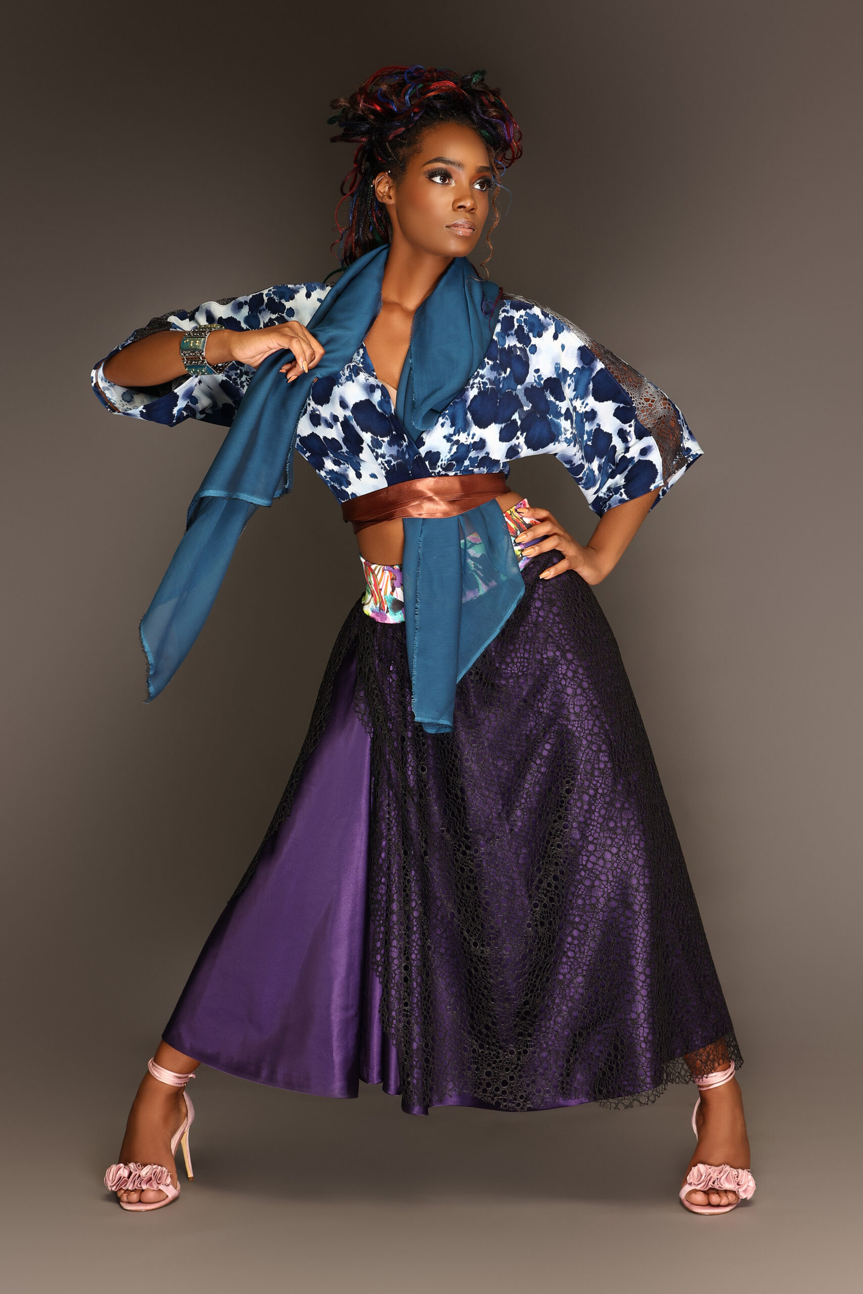 White and Blue Print Wide Sleeve Crop Blouse with Sheer Blue Scarf and Purple A-line Long Skirt