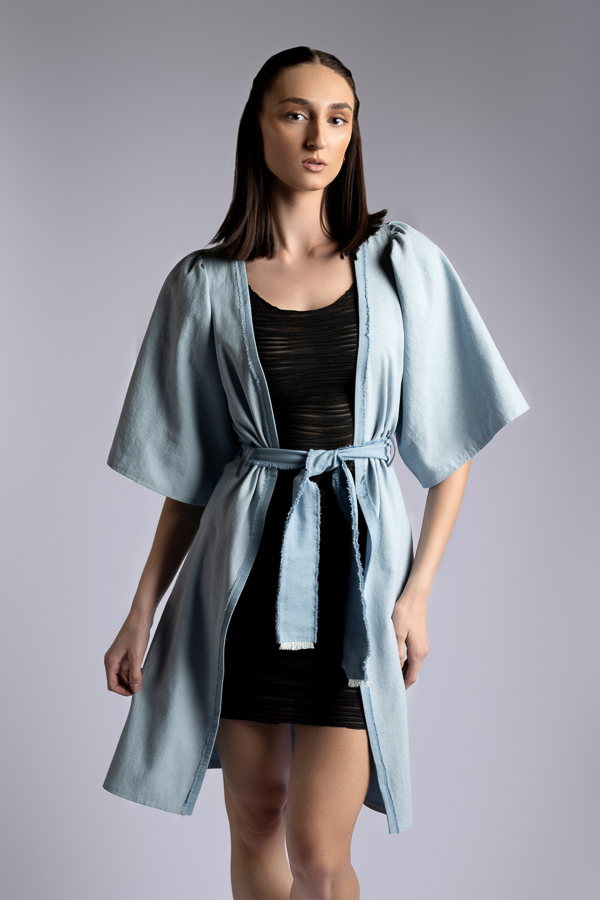 Little Black Dress under Baby Blue 3/4 Big Sleeved Coat Dress