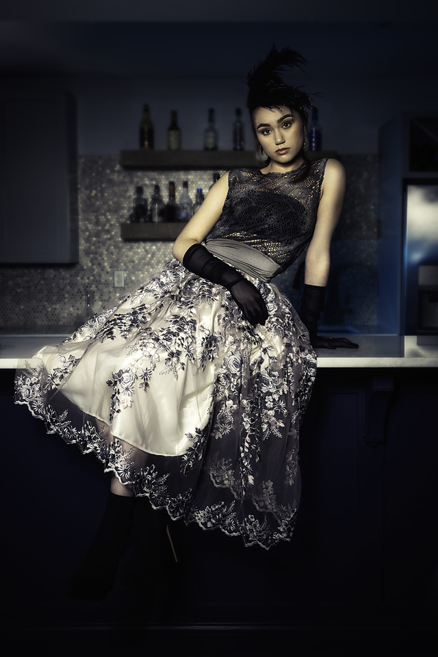 Black and White Sheer Lace and Tafetta Cocktail Dress