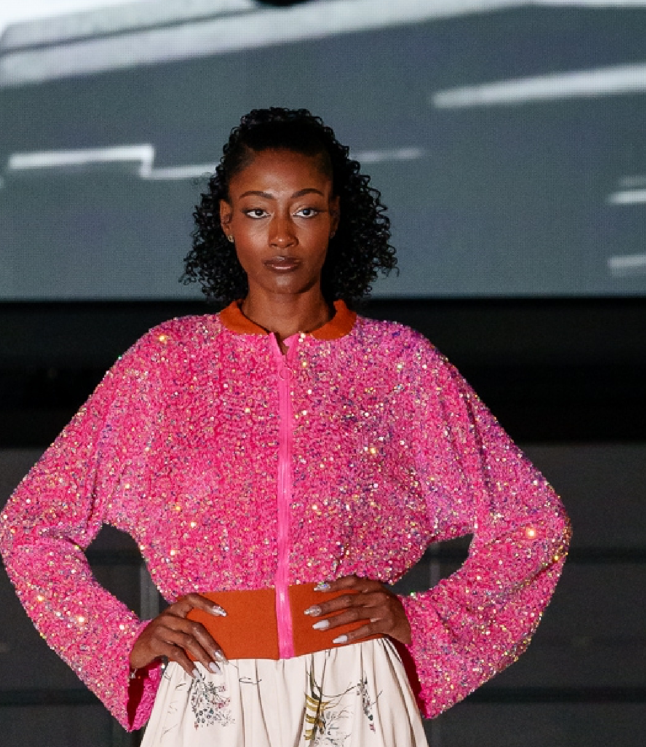 Pink Sequinned Top and Creme Print Skirt Two-Piece