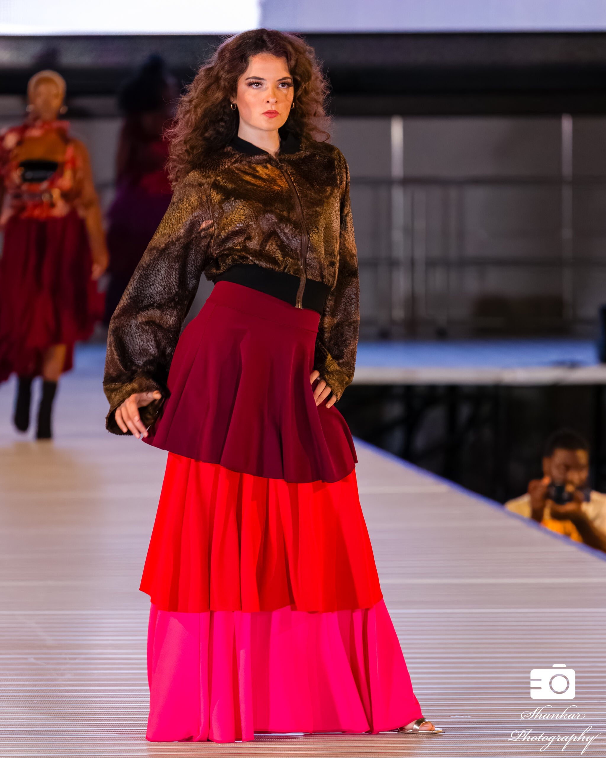 Long-Sleeved Zipped Jacket and Three-Tier Long Skirt