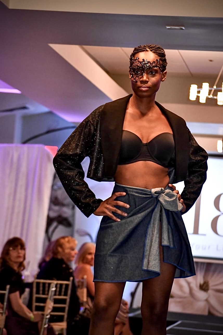 Denim Wrap Skirt with Black Bustier and Long Sleeve Cover-up